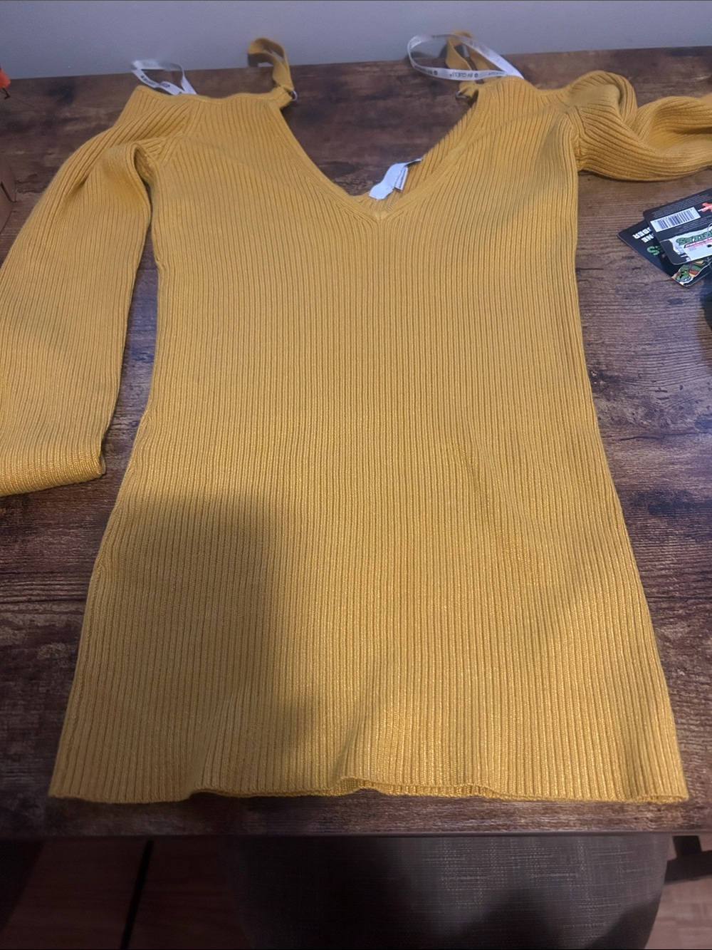 G by Guess Mustard Yellow Cold-Shoulder Ribbed Sweater